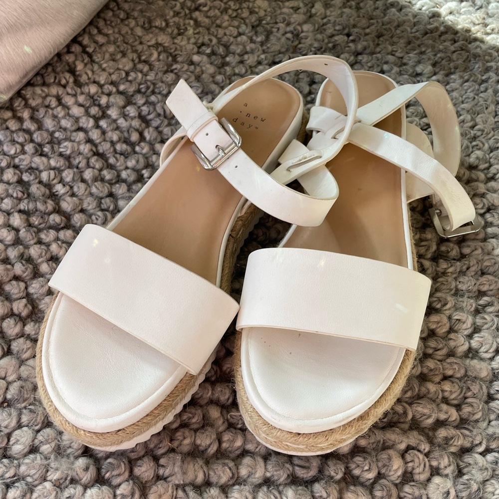 A New Day White Leather Strappy Sandals with Buckle Women size 9.5